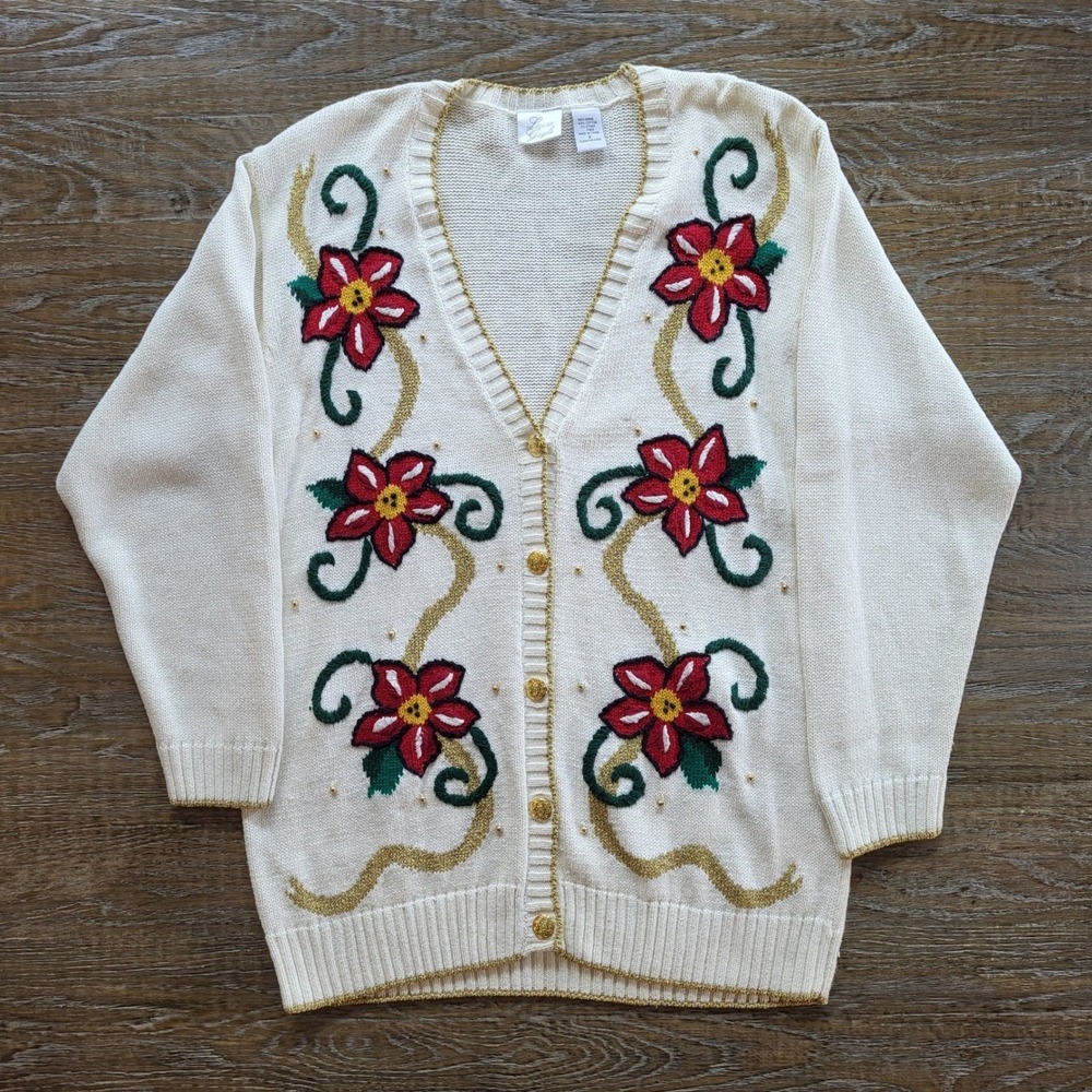 Laura Gayle Vintage Christmas Poinsettia Cardigan Sweater Gold Metallic Cream S